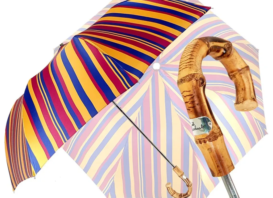 Clearance Il Marchesato Crafted Multi - Color Striped Folding Umbrella Bamboo Handle
