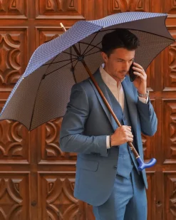 Outlet Il Marchesato Elegant Umbrella with Blue Leather Handle and Beechwood Shaft