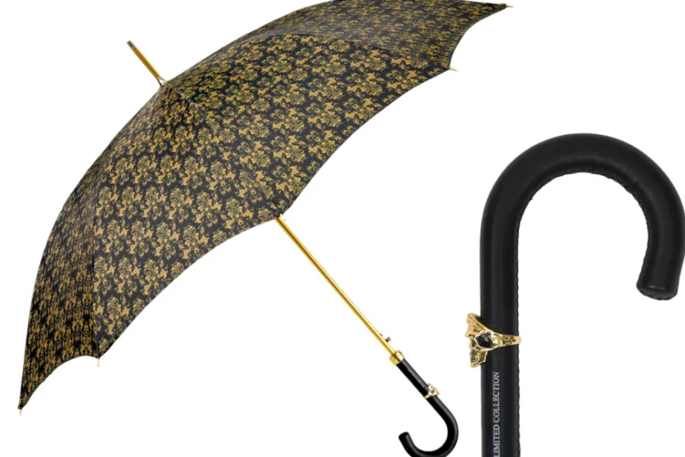 Sale Il Marchesato Elegant Umbrella with Leather Handle, Gold Skull, and Ornate Black and