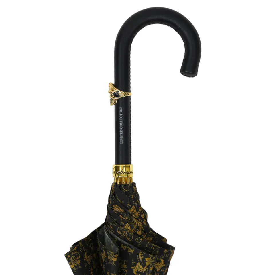Sale Il Marchesato Elegant Umbrella with Leather Handle, Gold Skull, and Ornate Black and