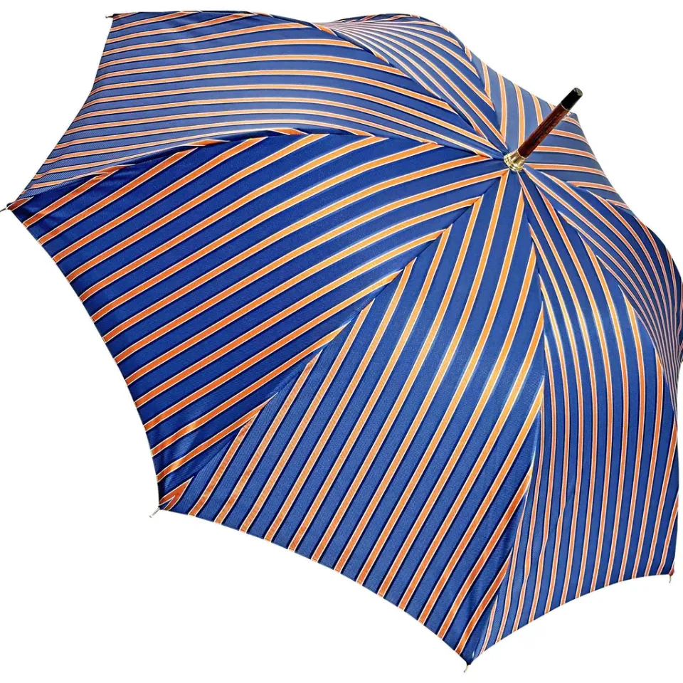 Outlet Il Marchesato Elegante ombrello arancione - manico in pelle blu fatto a mano