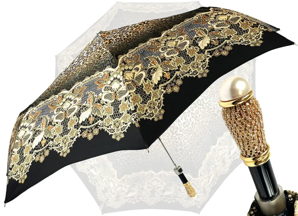 Clearance Il Marchesato Elegante ombrello con disegno in pizzo e leopardo