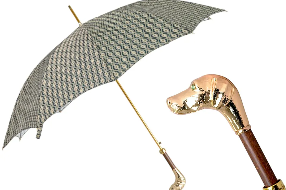 Discount Il Marchesato Golden Hound: Beige Patterned Umbrella with Dog Handle in Gold Finish