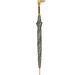 Discount Il Marchesato Golden Hound: Beige Patterned Umbrella with Dog Handle in Gold Finish