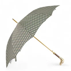 Discount Il Marchesato Golden Hound: Beige Patterned Umbrella with Dog Handle in Gold Finish