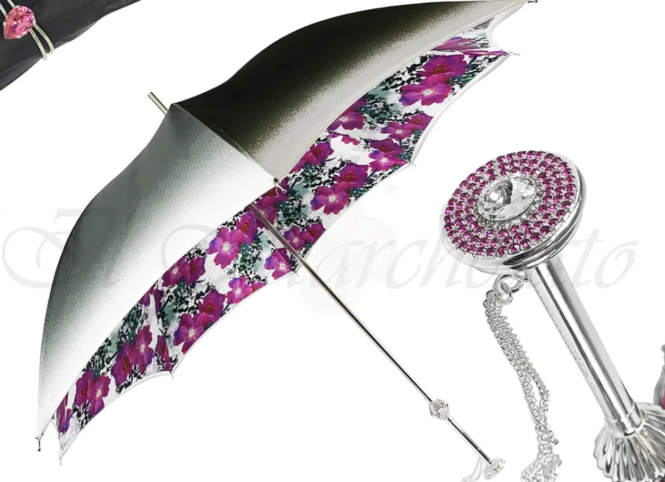 Discount Il Marchesato Ombrello argentato con anemoni e cristalli Fucsia