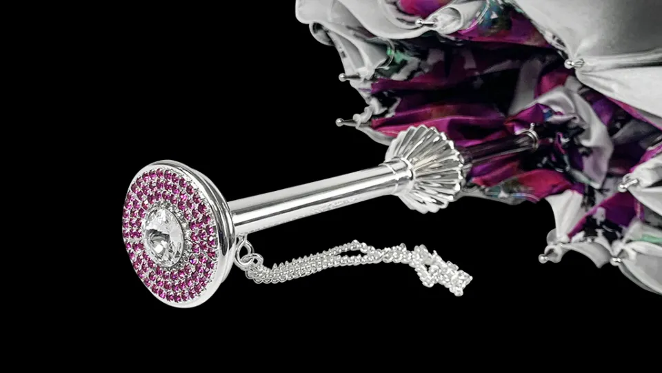 Discount Il Marchesato Ombrello argentato con anemoni e cristalli Fucsia