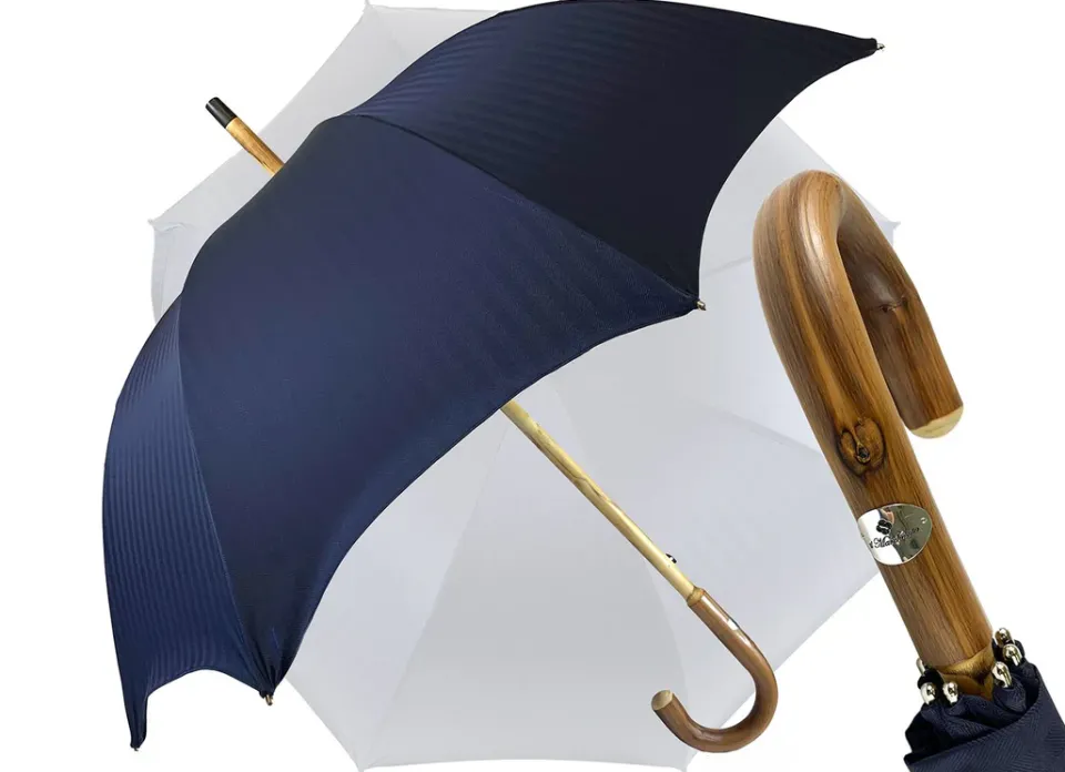 Fashion Il Marchesato Ombrello Blu navy con legno di castagno naturale curvato a mano