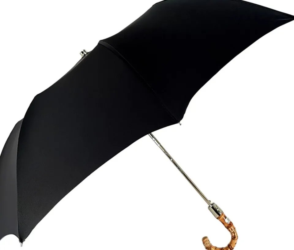 Clearance Il Marchesato Ombrello classico da uomo nero - Manico in legno Bamboo