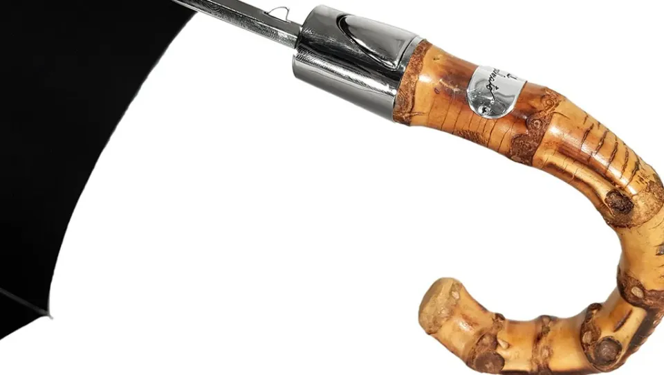 Clearance Il Marchesato Ombrello classico da uomo nero - Manico in legno Bamboo