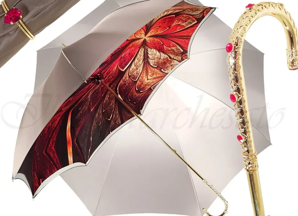 Outlet Il Marchesato Ombrello da donna di lusso con doppio tessuto caffè e rosso