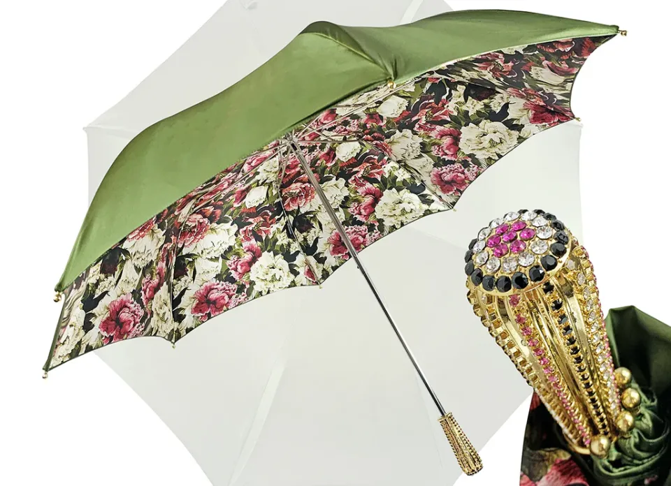 New Il Marchesato Ombrello fatto a mano - Design fiorito in colore oliva