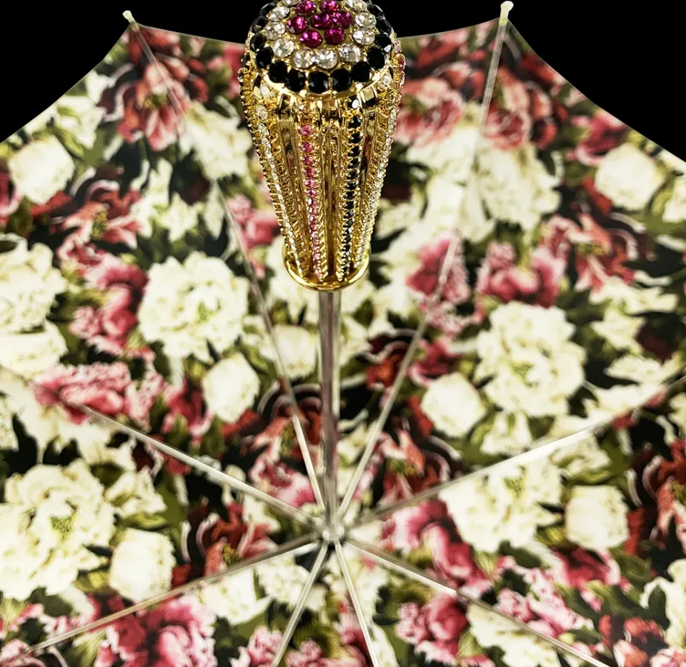 New Il Marchesato Ombrello fatto a mano - Design fiorito in colore oliva