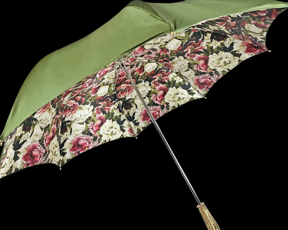 New Il Marchesato Ombrello fatto a mano - Design fiorito in colore oliva