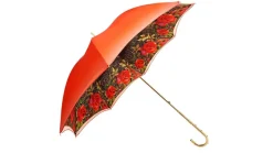 Discount Il Marchesato Ombrello floreale rosso, doppio tessuto e manico dorato con cristalli