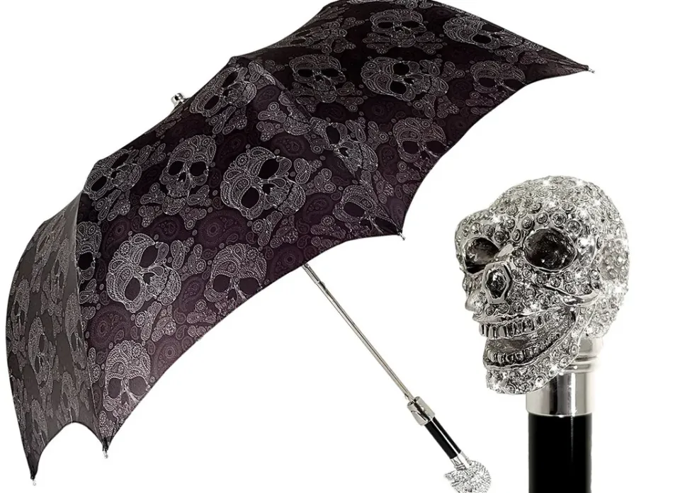 Outlet Il Marchesato Ombrello pieghevole con teschio placcato argento925 e Swarovski