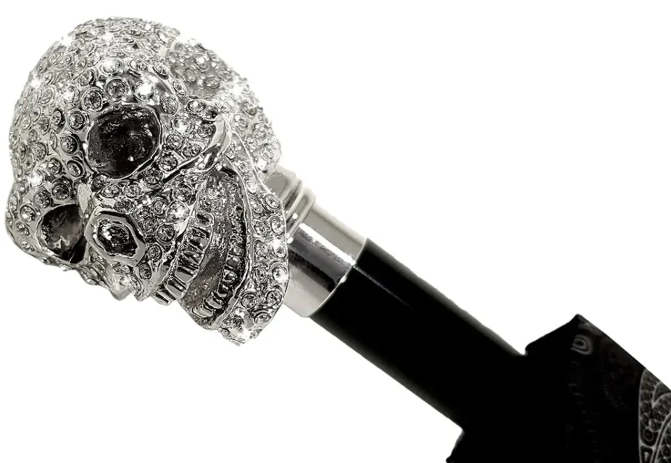 Outlet Il Marchesato Ombrello pieghevole con teschio placcato argento925 e Swarovski