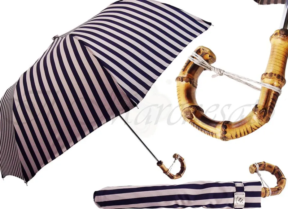 Clearance Il Marchesato Ombrello pieghevole da uomo a righe blu scuro e grigio - Manico in bam