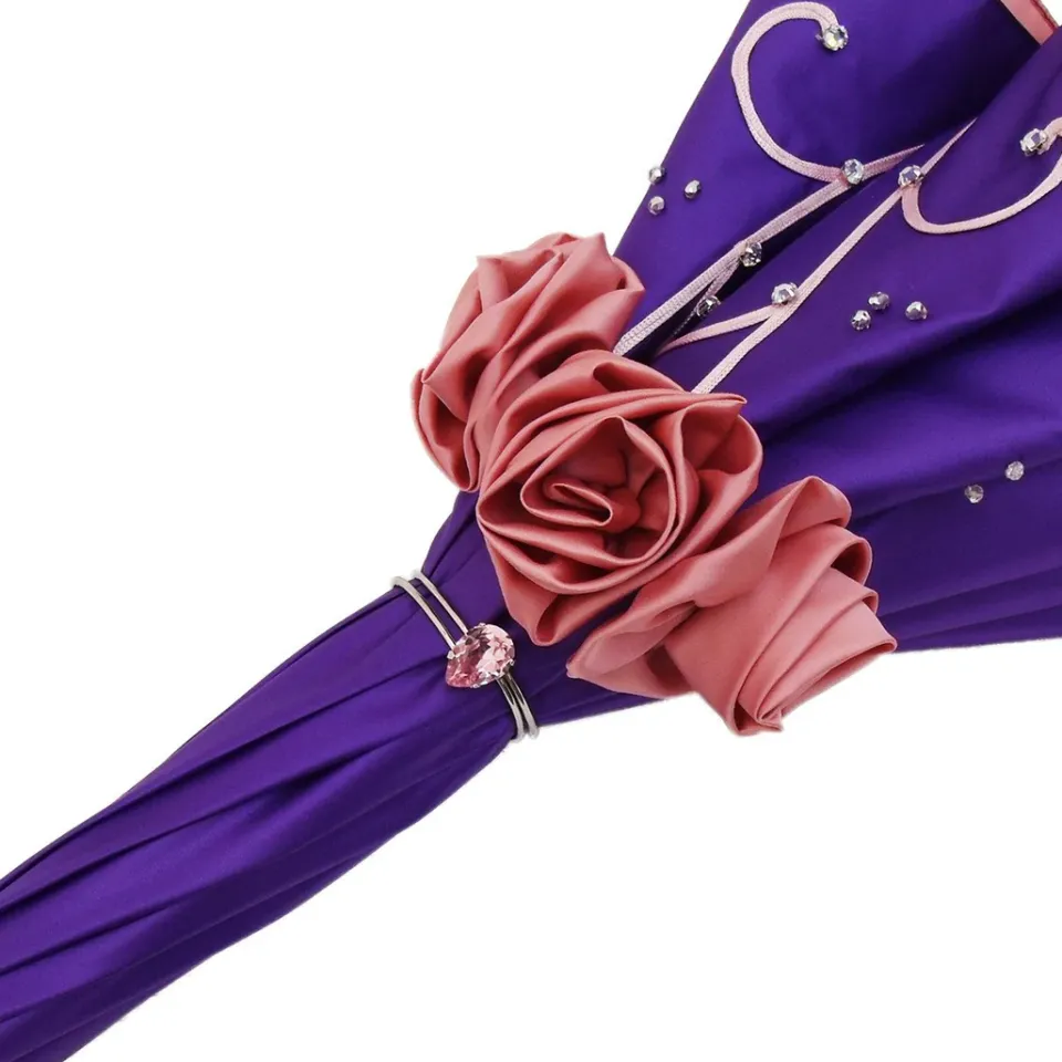 Online Il Marchesato Ombrello ricamato a mano - Viola con rose rosa