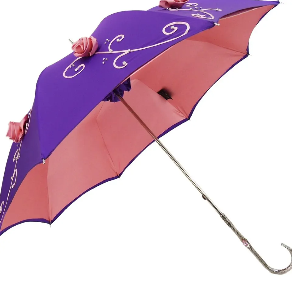 Online Il Marchesato Ombrello ricamato a mano - Viola con rose rosa