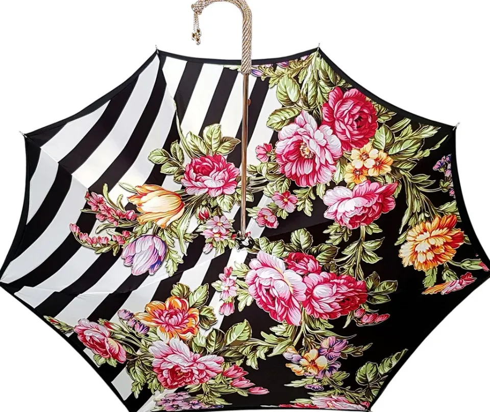 Best Il Marchesato Ombrello Rose colorate e righe Black and white - Maniglia tempestata d