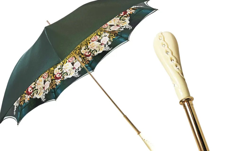 Online Il Marchesato Ombrello verde scuro con rose e manopola crema