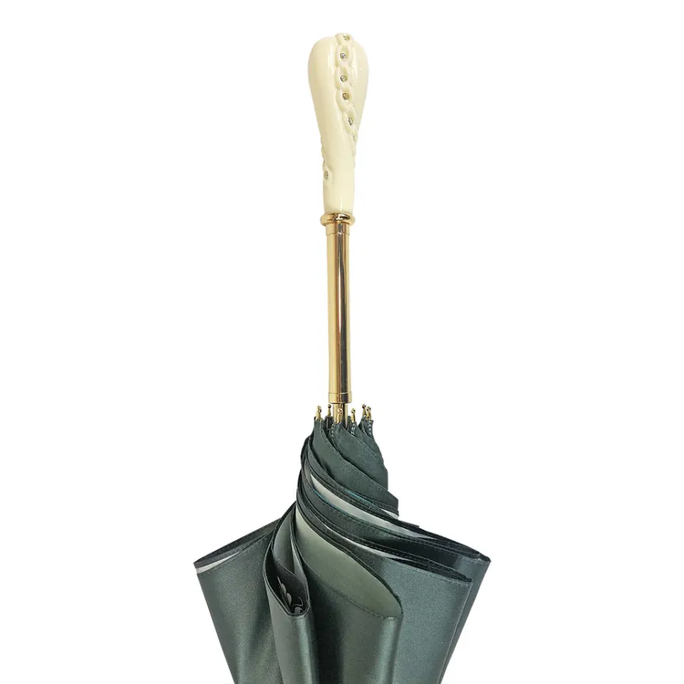 Online Il Marchesato Ombrello verde scuro con rose e manopola crema