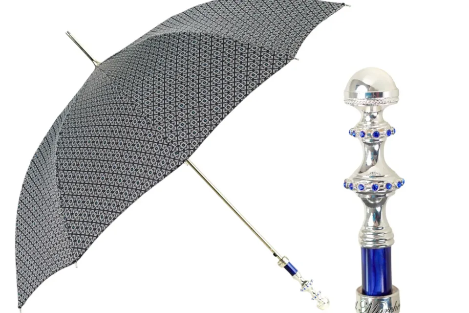 Discount Il Marchesato Stylish Grey & Blue Jacquard Umbrella - Silverplated handle