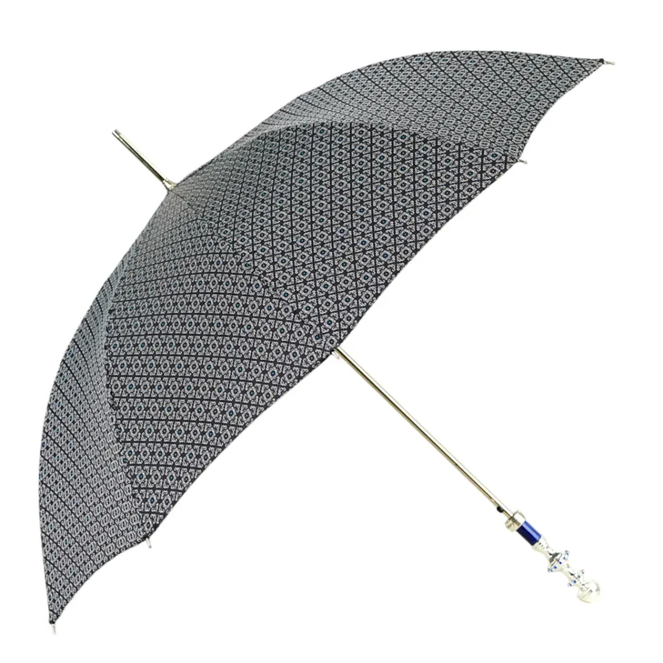Discount Il Marchesato Stylish Grey & Blue Jacquard Umbrella - Silverplated handle