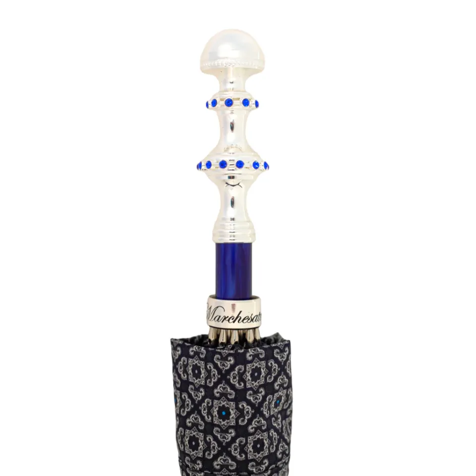 Discount Il Marchesato Stylish Grey & Blue Jacquard Umbrella - Silverplated handle