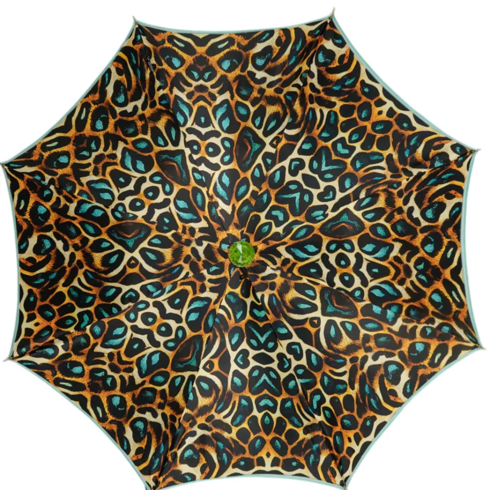 Hot Il Marchesato Wild Elegance: Teal Umbrella with Leopard Print and Green Crystal Hand