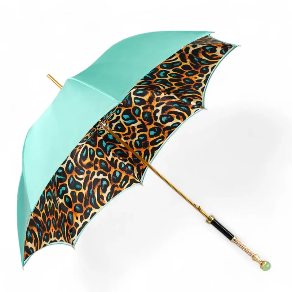 Hot Il Marchesato Wild Elegance: Teal Umbrella with Leopard Print and Green Crystal Hand